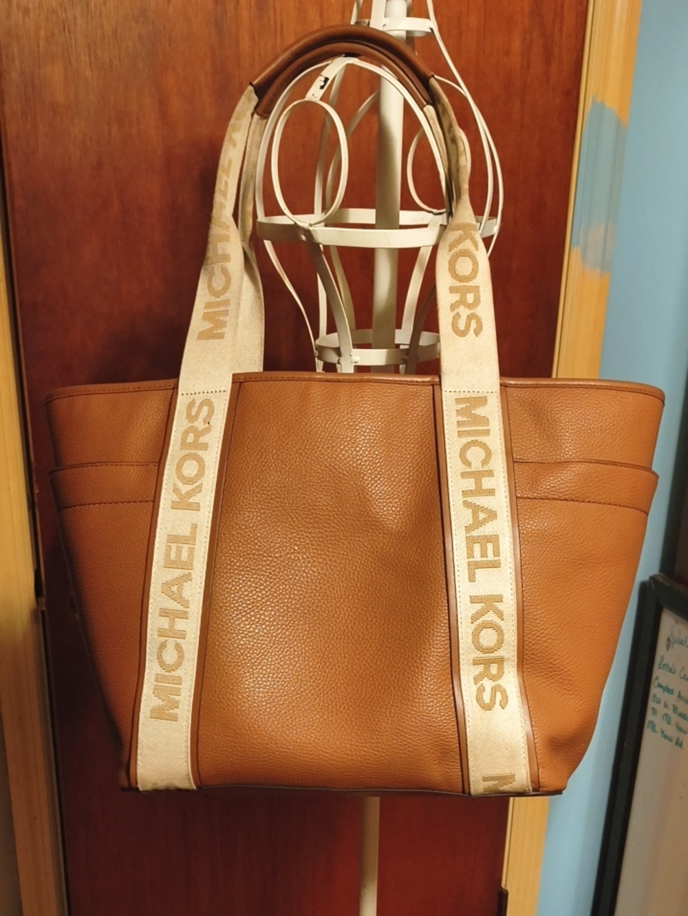Michael Kors Cognac Pebbled Leather Tote with Branded Canvas Straps